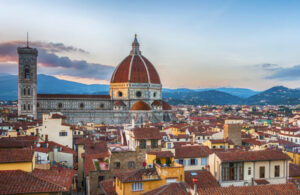 Panoramic view of Florence, with the Duomo dome and roofs